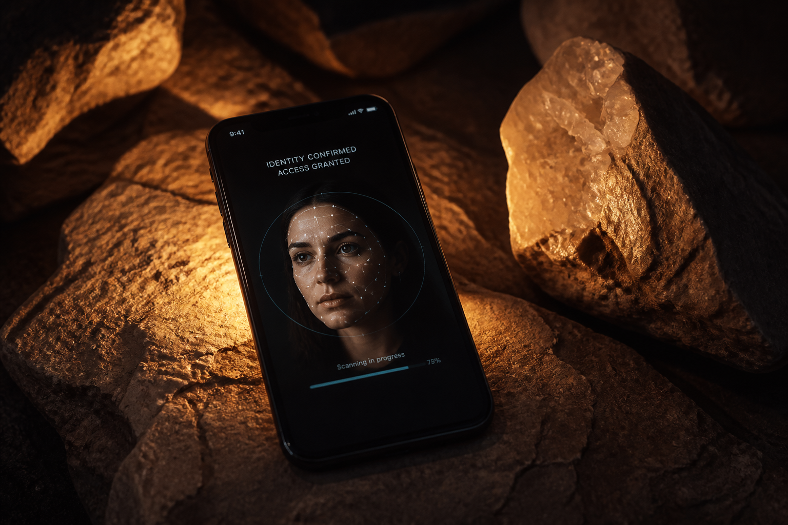 Biometric facial recognition technology on mineral stone surface